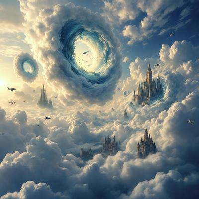 The primary subject of the image is a fantasy scene featuring a castle in the clouds, surrounded by a swirling vortex of clouds. The setting is a cloudy sky, and the visual style is digital art. The dominant colors are blue and white, creating a serene and dreamy atmosphere.